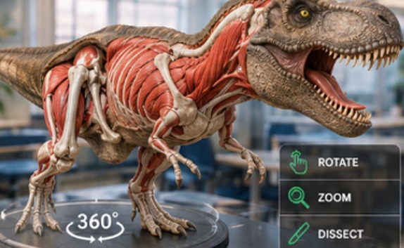 A 3D interactive T-Rex skeleton model on display with Rotate, Zoom and Dissect controls
