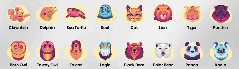 A grid of Umety's Personality Animal Profiles, including Clownfish, Dolphin, Cat, Lion, Tiger, Barn Owl, Eagle, Black Bear, Polar Bear, Panda and more