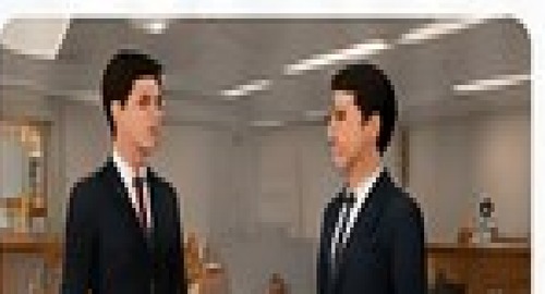 Two avatars in business attire talking in a Umety ELL professional communication scenario