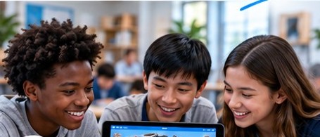 Three students smiling while exploring a 3D jet engine model together on a tablet