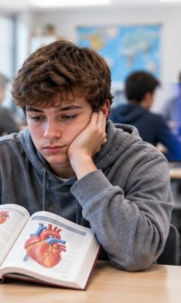 A student sits passively reading a textbook about the human heart in a classroom