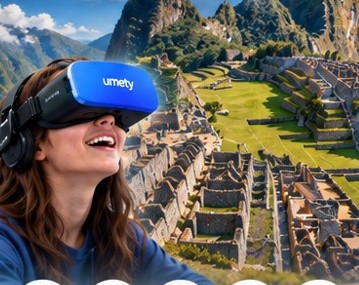 A student wearing a Umety VR headset looks out over Machu Picchu