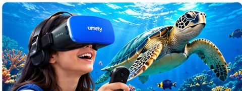 A student wearing a Umety VR headset explores a coral reef with a sea turtle