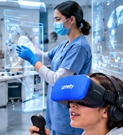 A healthcare worker wearing a Umety VR headset interacts with a medical simulation