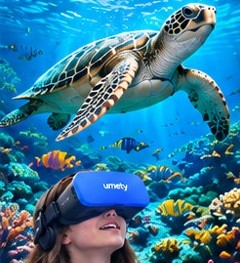 A student wearing a Umety VR headset swims virtually alongside a sea turtle and coral reef