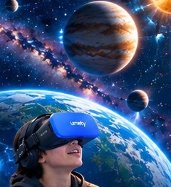 A student wearing a Umety VR headset views Earth and the solar system in space