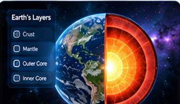 Earth shown in cutaway, exploring the crust, mantle, outer core and inner core