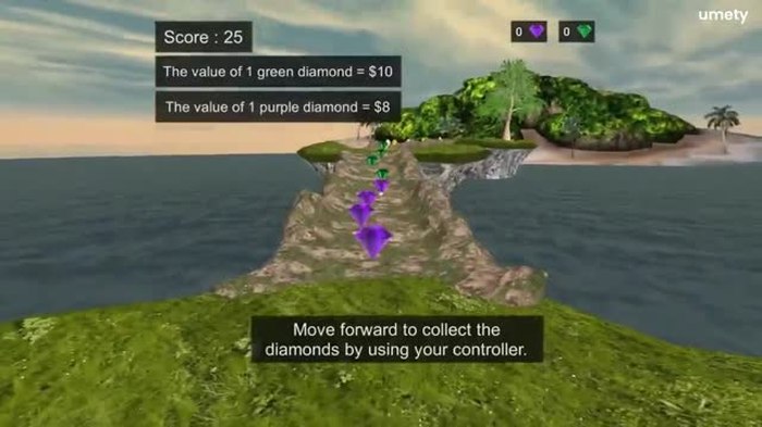 Still from a Umety STEM mathematics demo, an island scenario with scored diamond values