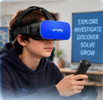 Student wearing a blue Umety VR headset, exploring a lesson interactively