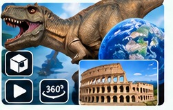 A Umety content library screen with a 3D dinosaur, a spinning globe and a virtual tour of the Colosseum