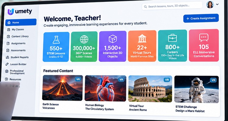 The Umety teacher dashboard, showing 550+ STEM lessons, 300,000+ 360 degree scenes, 1,500+ interactive 3D objects, 22+ virtual tours, 800+ careers and 105 ELL immersive conversations, plus featured content including Earth Science Volcanoes, Human Biology The Circulatory System, Virtual Tour Ancient Rome and STEM Challenge Design a Mars Habitat