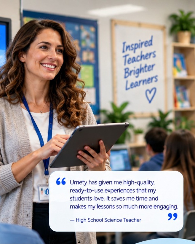 Teacher smiling while using a tablet in her classroom, with 'Inspired Teachers Brighter Learners' written on the wall behind her. Quote: Umety has given me high-quality, ready-to-use experiences that my students love. It saves me time and makes my lessons so much more engaging. — High School Science Teacher