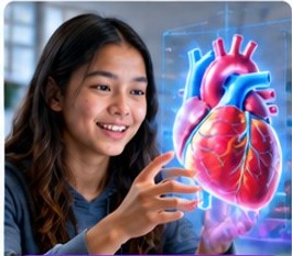 Student interacting with a 3D hologram of a human heart