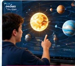 Student pointing at a 3D model of the solar system