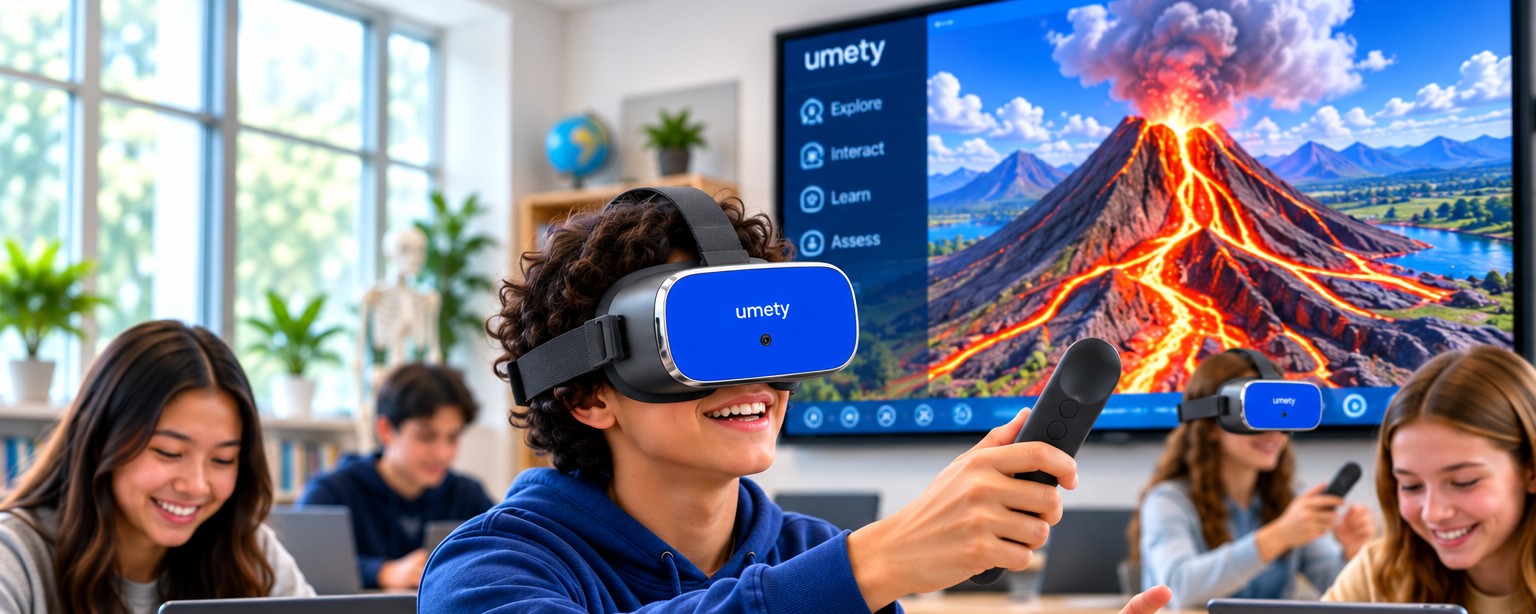 Student wearing a blue Umety VR headset exploring a volcano lesson on a classroom display, with classmates and a teacher nearby