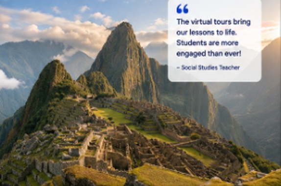 An aerial view of Machu Picchu in Peru, one of the 360° destinations in Umety's World Odyssey 360 library. Quote: The virtual tours bring our lessons to life. Students are more engaged than ever! — Social Studies Teacher