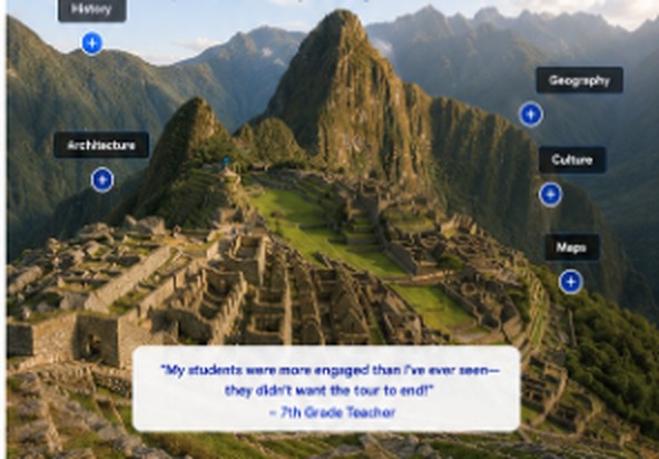 An aerial view of Machu Picchu with interactive hotspot labels for History, Architecture, Geography, Culture and Maps, and a quote: My students were more engaged than I've ever seen — they didn't want the tour to end! — 7th Grade Teacher