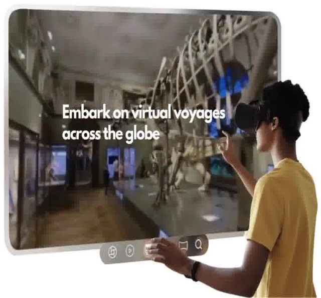 A student wearing a Umety VR headset embarks on a virtual voyage through a natural history museum