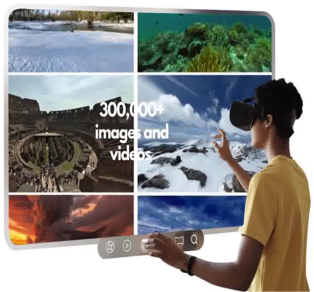 A student wearing a Umety VR headset browses a library of 360° images and videos, including the Colosseum, snowy mountains and a coral reef — 300,000+ images and videos